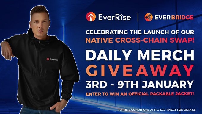 SANAYAS33204036's tweet photo. ONE WEEK OF MERCH GIVEAWAYS!

In celebration of the launch of our Native Cross-Chain Swap, we are giving away merch every single day for a week!

To enter:
-Like
-Retweet
-Comment #EverRise
-Tag 4 friends below
-Tweet with #EverRise and tag us!

Ends in 24 hrs - good luck! https://t.co/mPxWCTMC2H