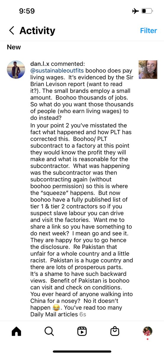 SustainableO's tweet photo. An Instagram boohoo defender argued with me for a while and then deleted the entire thread and so I obviously screenshotted. Why argue on the internet if people aren’t going to see. This is part 1. https://t.co/QPkTvqWHNo