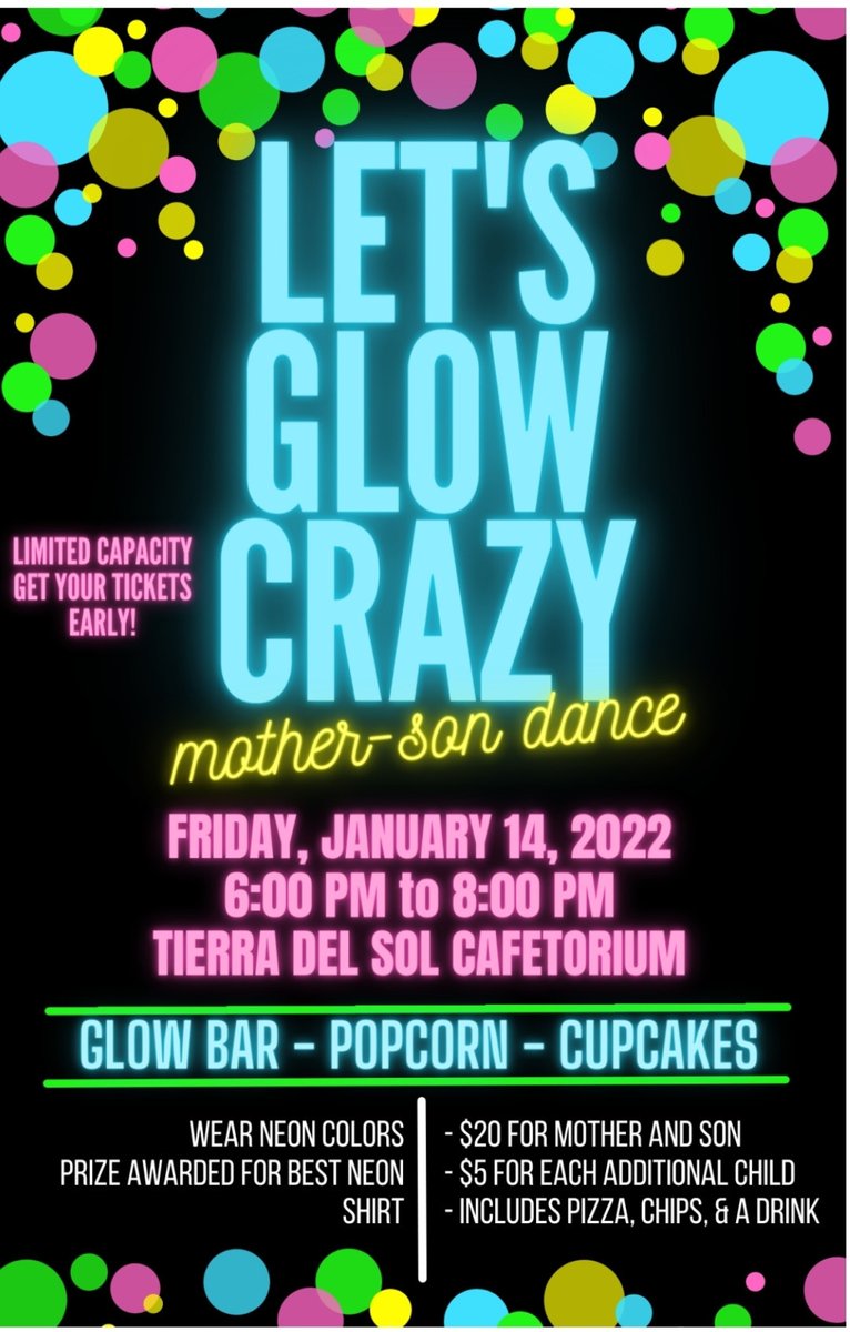 cchavez_TDS's tweet photo. Don't forget to get your tickets to the Mother-Son Dance!💛💙 #Neon #glow #dance @TierraDelSol_ES @RebecaParada_ @pattyh79912 @BaranyaySarah @rherrera_TDSES https://t.co/DWOHWHwwtk