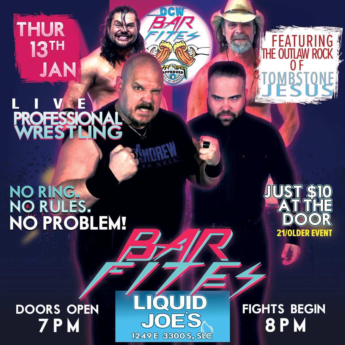 DCWSaltLakeCity's tweet photo. In 1 weeks time DCW Barfites is back at @LiquidJoesBar 

Special performance by @TombstoneJesus 

Time: Doors 7pm, Bell 8pm.
Address: 1249 E 3300 S
Salt Lake City, UT  84106. 
Price: $10. https://t.co/cAzPt43ENE