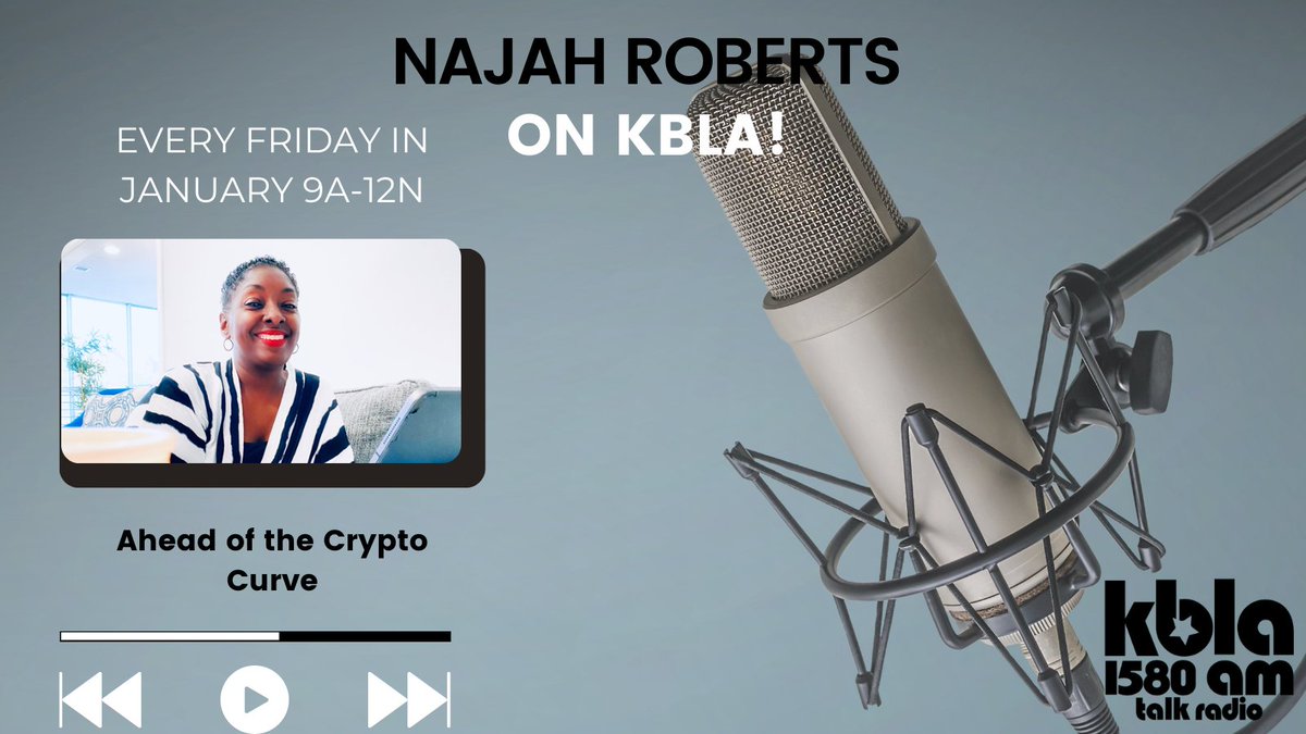 NajahRoberts's tweet photo. Tomorrow!!!
Catch me on KBLA 1580 am Talk Radio!
Every Friday this month from 9a-12n I will be doing Ahead of the Crypto Curve!!! Tune in and feel free to call in!

#KBLA #NajahRoberts #Crypto #Aheadofthecryptocurve https://t.co/Sy0H9kCnTJ