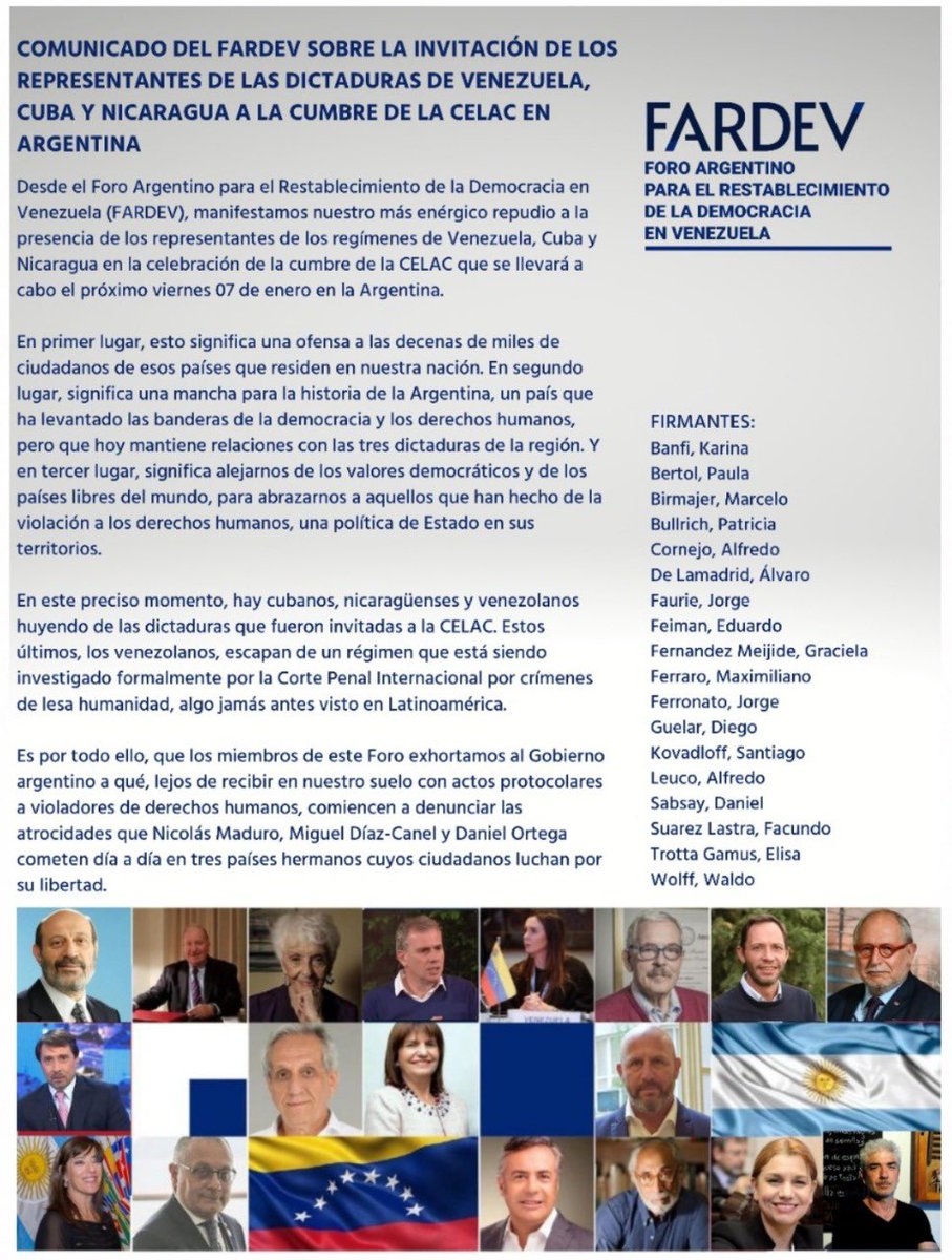 Pedimos al presidente Fernández que proponga un debate serio sobre los DDHH, democracia y libertad entre los países miembros del Foro CELAC. Caso contrario, será cómplice de dictaduras como Cuba, Venezuela y Nicaragua que no representan los valores democráticos argentinos.