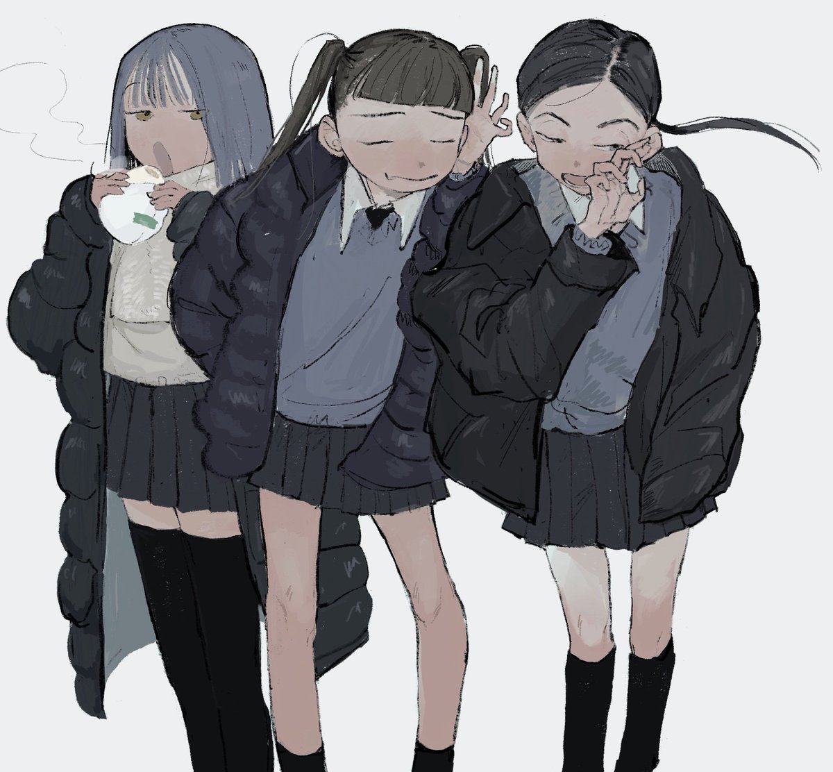 multiple girls 3girls skirt twintails thighhighs closed eyes black hair  illustration images