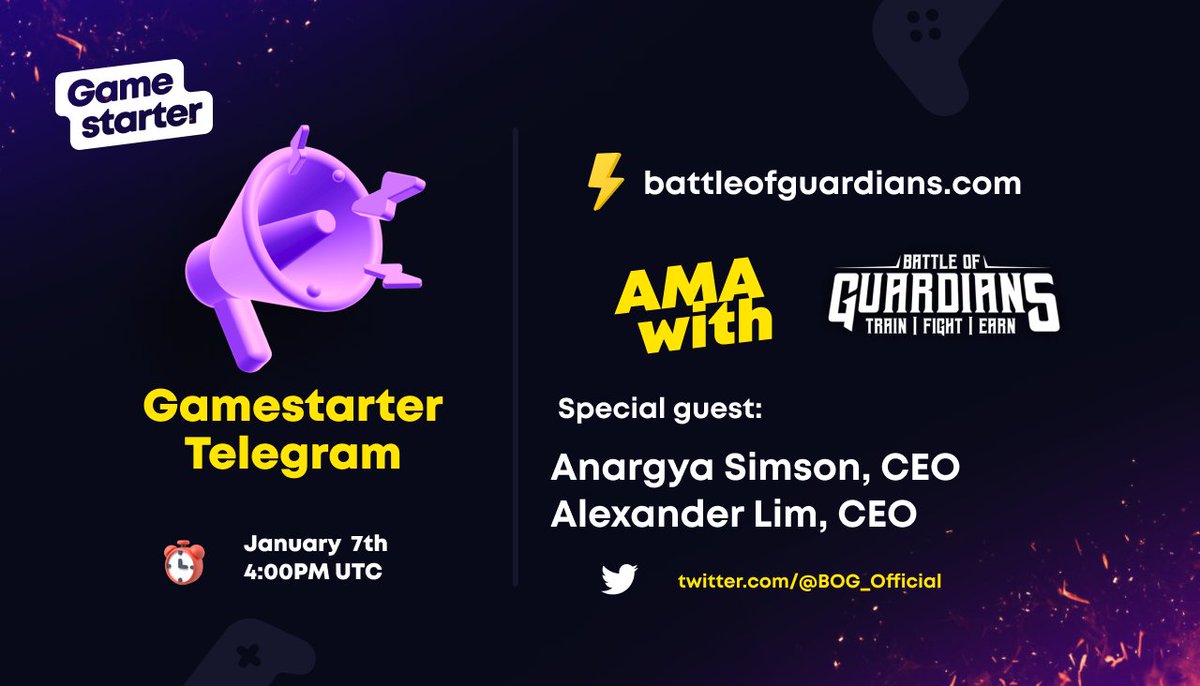 LIVE #AMA with <a href="/BOG_Official_/">Battle of Guardians</a>  on #Gamestarter😎

5 people have the chance to win 20$, so don't waste your time:
⚡️LIKE
⚡️SHARE 
⚡️COMMENT YOUR QUESTIONS

⏰: 4:00PM UTC, Friday, January 7th

🏟Venue: t.me/gamestarter_co