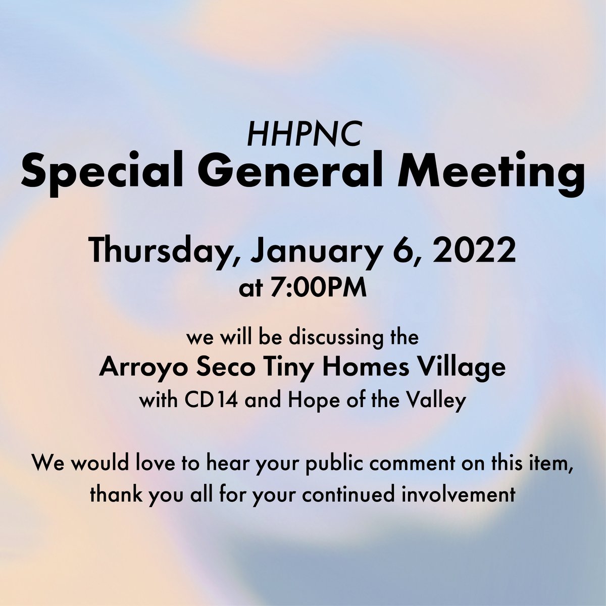 Happy New Year! The HHPNC Special General Board Meeting is TONIGHT at 7.

Agenda: bit.ly/3F2io2E
Zoom link: bit.ly/3pZU5i8