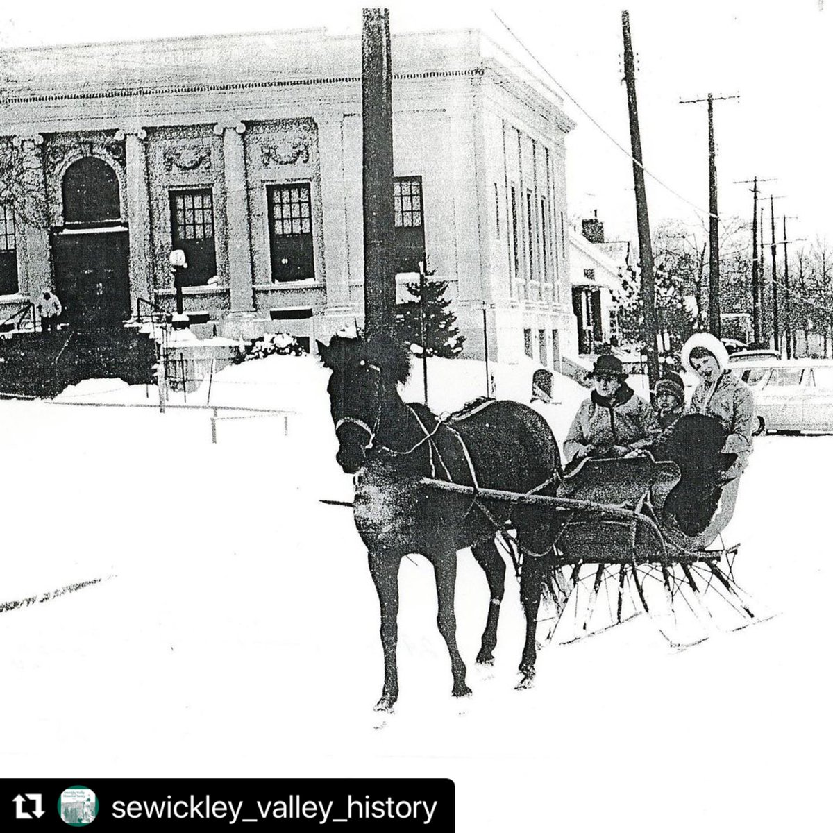SV_History's tweet photo. 🎶"C'mon, we're going for a sleigh ride..."🎶

Cheers to the first snow fall of the year! Here's hoping we won't need a sleigh to get to the Old Sewickley Post Office Building tomorrow like Miss Walker needed to in 1971!

#SewickleyValleyHistory #CollectionsAtSVHS #TBT https://t.co/TirkH4dRAx