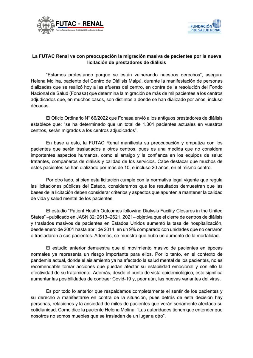 Nefrocl's tweet photo. Respaldamos completamente el sentir de los pacientes y su derecho a manifestarse en contra de los traslados de centro masivos x la nueva licitación. Detrás de esta decisión hay personas, relaciones y la ansiedad de miles de pacientes que verán seriamente afectada su cotidaneidad. https://t.co/OoNMnr8L7V