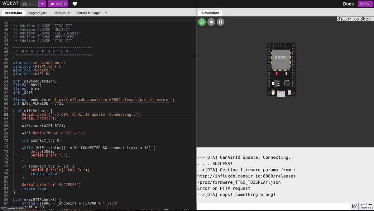hpsaturn's tweet image. CanAirIO Loader compiling and running (a little bit) on #Wokwi #ESP32 simulator
Very impressive! good job Wokwi team! 👏😀
WiFi simulation don't works completely but it is very interesting 👇
More about this hack, ESP32 WiFi reverse engineering here:
youtube.com/watch?v=XmaT8b…