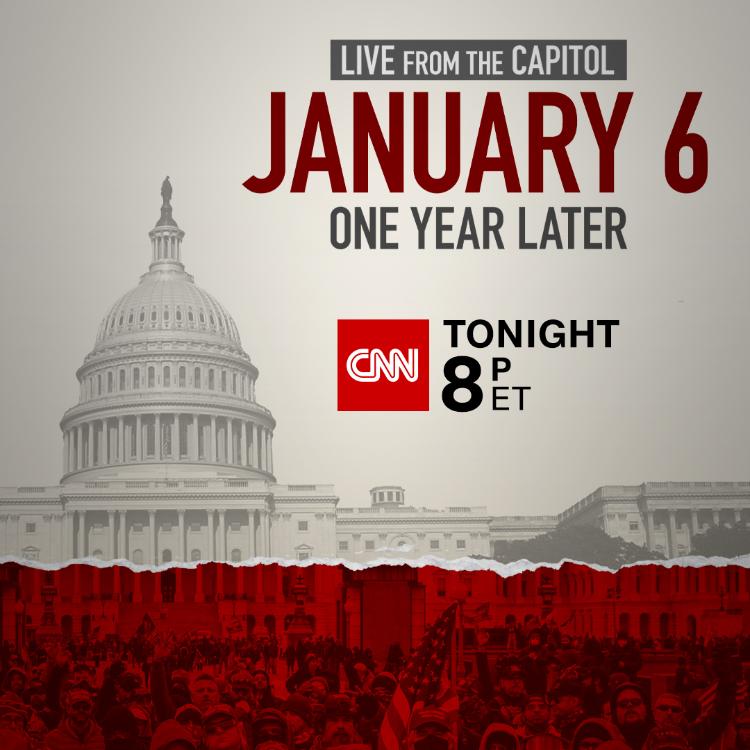 CNN's tweet image. Join Jake Tapper and Anderson Cooper as they host a live, unpreceded gathering inside the U.S. Capitol. January 6th - One Year Later. Tonight at 8 p.m. ET