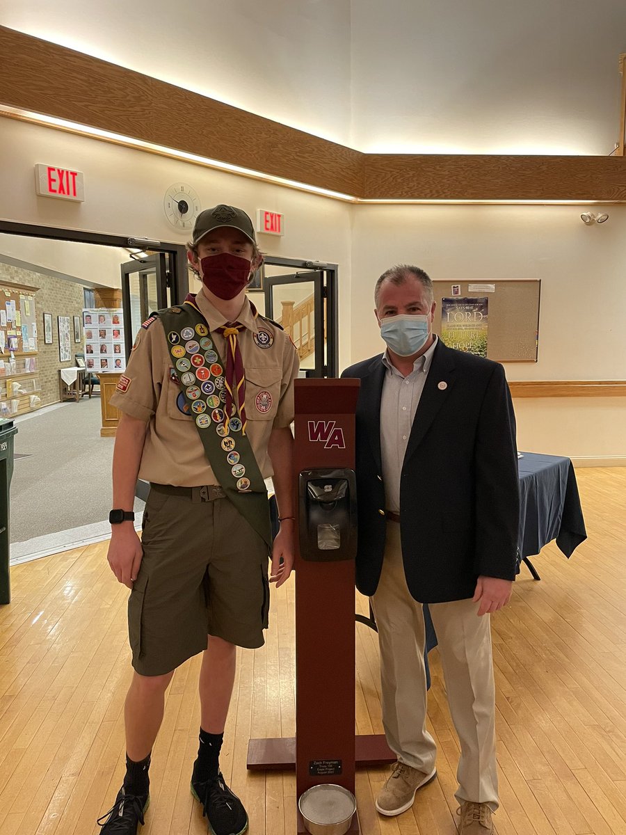 TheWAGhosts's tweet photo. Congratulations to WA student-athlete Zach Freyman (Cross Country &amp; Track/Field) for earning Eagle Scout at tonight’s Eagle Scout Court of Honor! Zach constructed Hand Sanitizer stations that are seen all over WA keeping everyone safe! Congrats!! @WAGWSports  @LowellSunSports https://t.co/i1kiYwJHaD