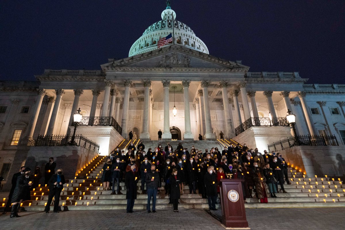SenSchumer's tweet photo. Tonight, I stood alongside @SpeakerPelosi to lead members of the Senate and House in a prayer vigil one year after January 6th.

We remembered the bravery of those who defended our Capitol and those who worked in our Capitol.

We reflected on how we will act to protect democracy. https://t.co/SCk8qh4Lum