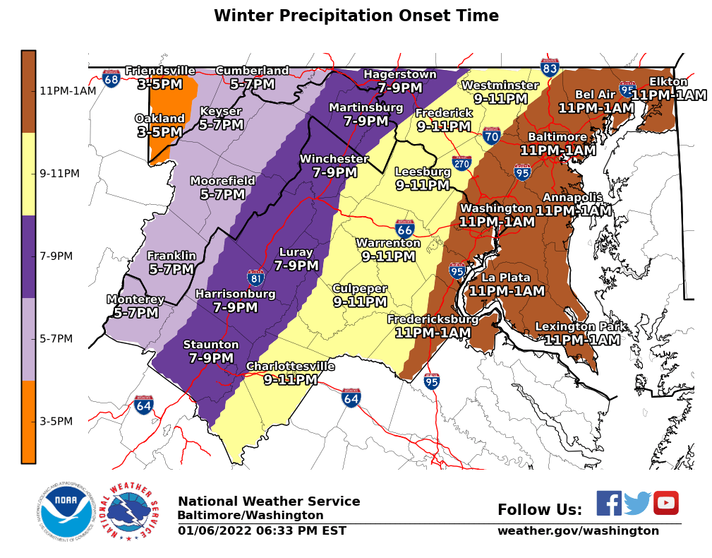 ReadyFairfax's tweet photo. [1/6 at 7:11 PM] The latest National Weather Service graphics still show between 3-4 inches in Fairfax County tonight into early tomorrow morning. Precipitation start time will be late tonight between 9 PM and 1 AM. #FFXSnow #VaWx https://t.co/VrEnou5gTc