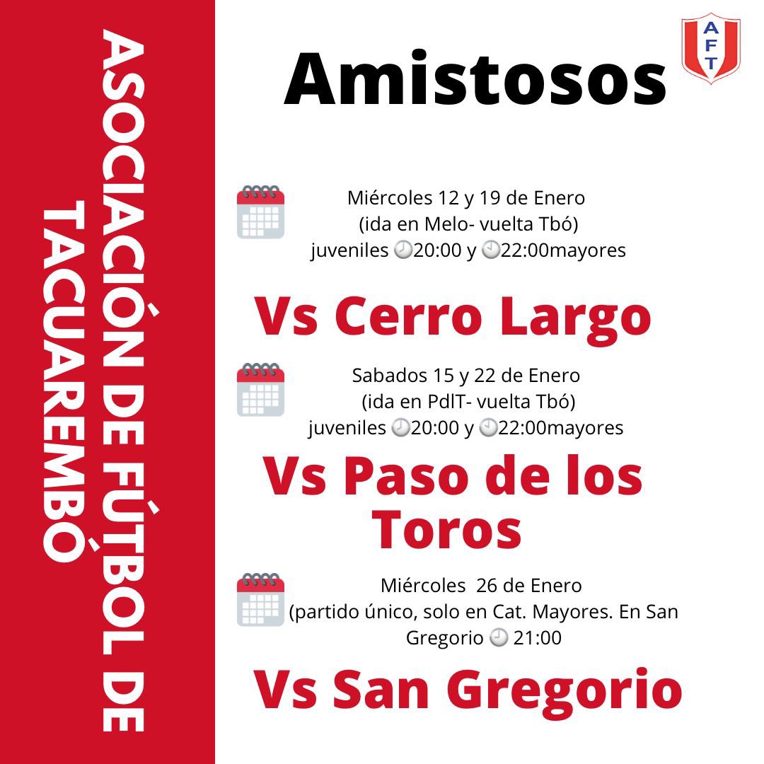 🔴⚪️Las selecciones de Tacuarembó (S17 y Absoluta) se preparan para el próximo Campeonato Nacional de Selecciones OFI.
⚽️Amistosos confirmados⬇️