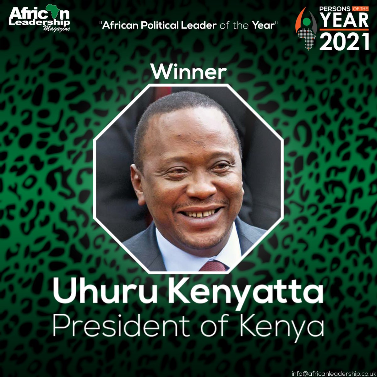 African_LC's tweet photo. #Congratulations 🎉 
To the #African Political #Leader of the Year 2021!🌍

Uhuru #Kenyatta #President of @StateHouseKenya 🇰��

Many #thanks to all who voted!❤️

#Africa #Leader #African #AfricaNews #Kenya  #Kenyan #BLM #Politics https://t.co/AKKjbn0180