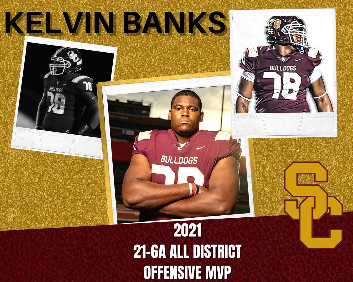 SC_BulldogFB's tweet photo. Congratulations to Kelvin Banks on being the 2021
 21-6A All-District Offensive MVP! #ALLIN https://t.co/kKJfJzPGjj