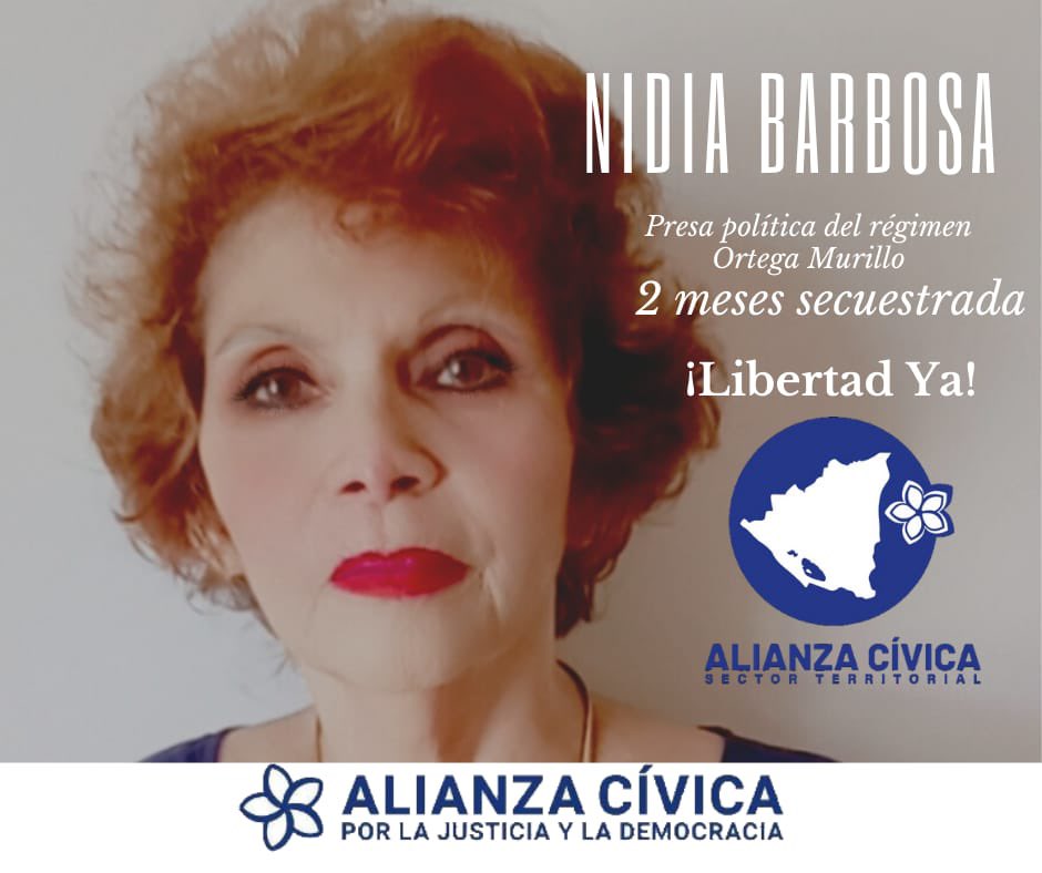 TerritoriosACJD's tweet photo. Nidia Barbosa, de 66 años cumple hoy 2 meses detenida por el régimen Ortega Murillo. Desde la Alianza Cívica Sector Territorial exigimos la Libertad de Nidia Barbosa.
#LibertadYa https://t.co/S4A2zDXFtg
