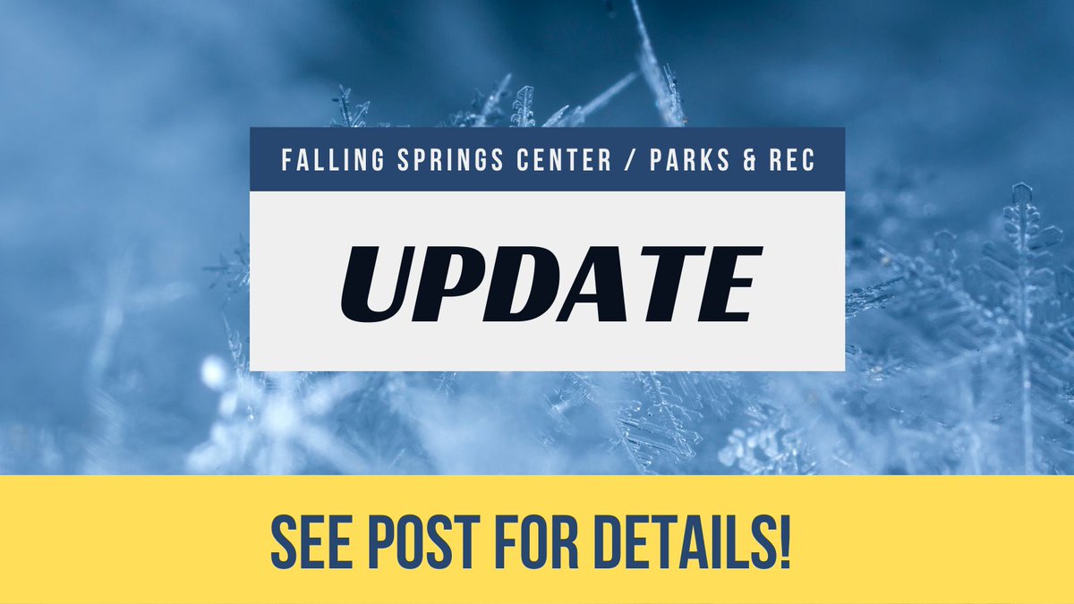 VWCParksRec's tweet image. Falling Springs Center will open at 10 AM on Friday, January 7.  Morning childcare will not be open. Be safe &amp;amp; stay warm, Woodford!