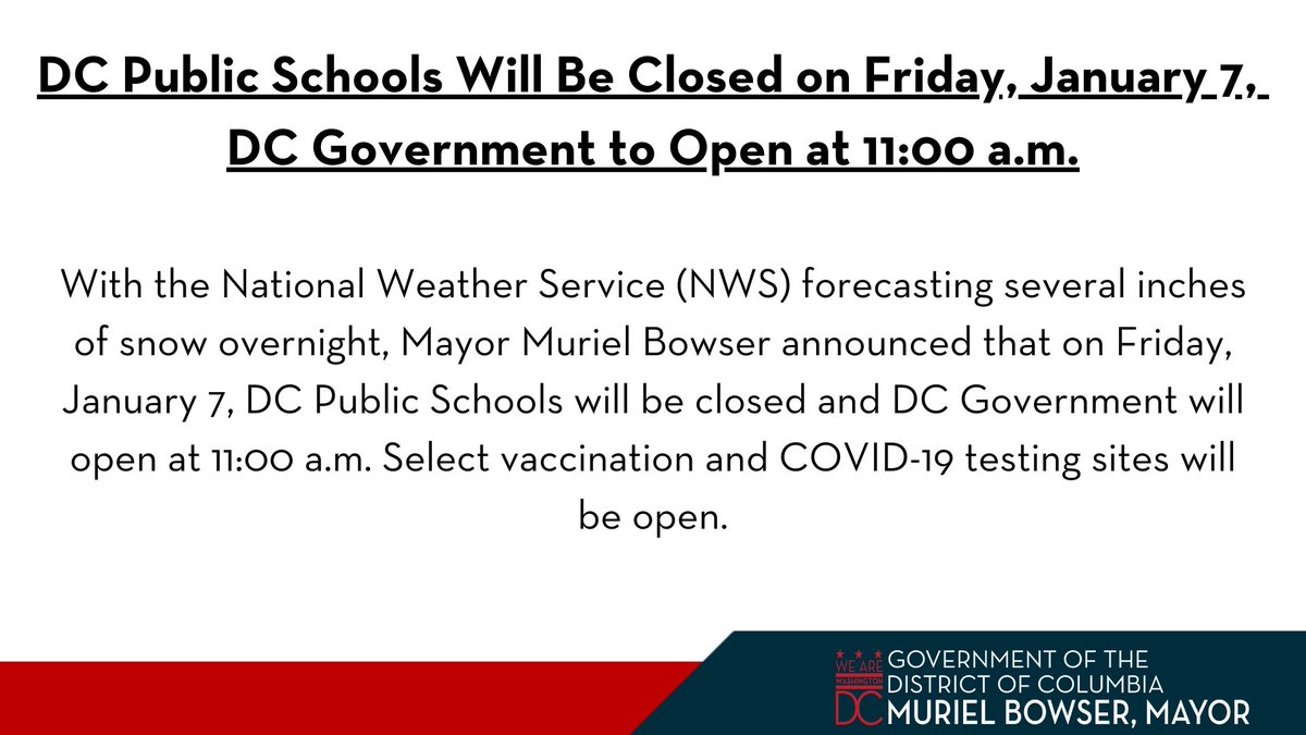 MayorBowser's tweet photo. On Friday, January 7, DC Public Schools will be closed, and DC Government will open at 11:00 a.m due to the National Weather Service (NWS) forecast of several inches of snow overnight. Select vaccination, and COVID-19 testing sites will be open. https://t.co/chU1quWdaY
