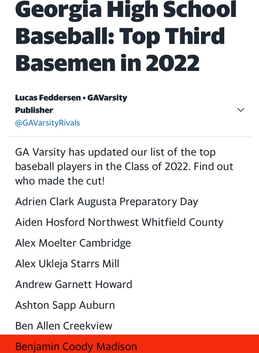 MorganCountyBSB's tweet photo. Ben Coody (@BenCoody25 ) Was Named One Of GAVarsity Rivals Top Third Baseman In The Class Of 2022
🔴⚫️
@GAVarsityRivals
🔗 - https://t.co/rgyXAelUEx https://t.co/6xfSMMoq0r