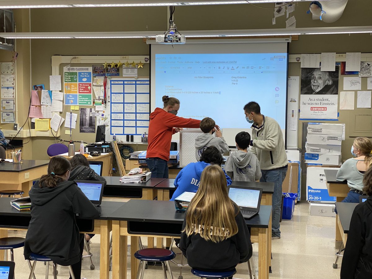 High school seniors teach a middle school science class how to build a #Corsirosenthalbox DIY filter. Tomorrow they will build one for every classroom. Keep teaching!