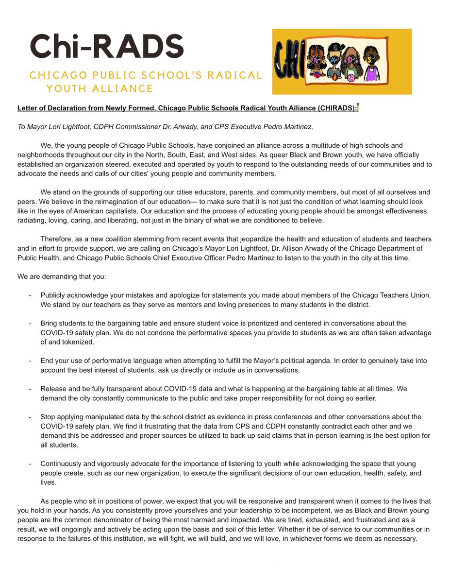 a thread‼️: We as young people of the Chicago Public Schooling system have officially allied ourselves across a multitude of this cities public high-schools. We have established a coalition that will organize, execute, and define the reimagination of our education.