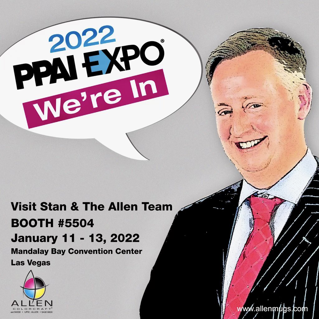 AllenColorCraft's tweet photo. Stan says “WE’RE IN!” PPAI Expo Las Vegas. Mandalay Bay Convention Center. Catch Stan and Team Allen in Booth #5504, see what’s new and what’s coming in 2022! https://t.co/eprJGFEGDm #promotionaldrinkware #promotionalproductssupplier #promotionalproductswork #ppai #PPAIExpo https://t.co/mGaIAOBsAC