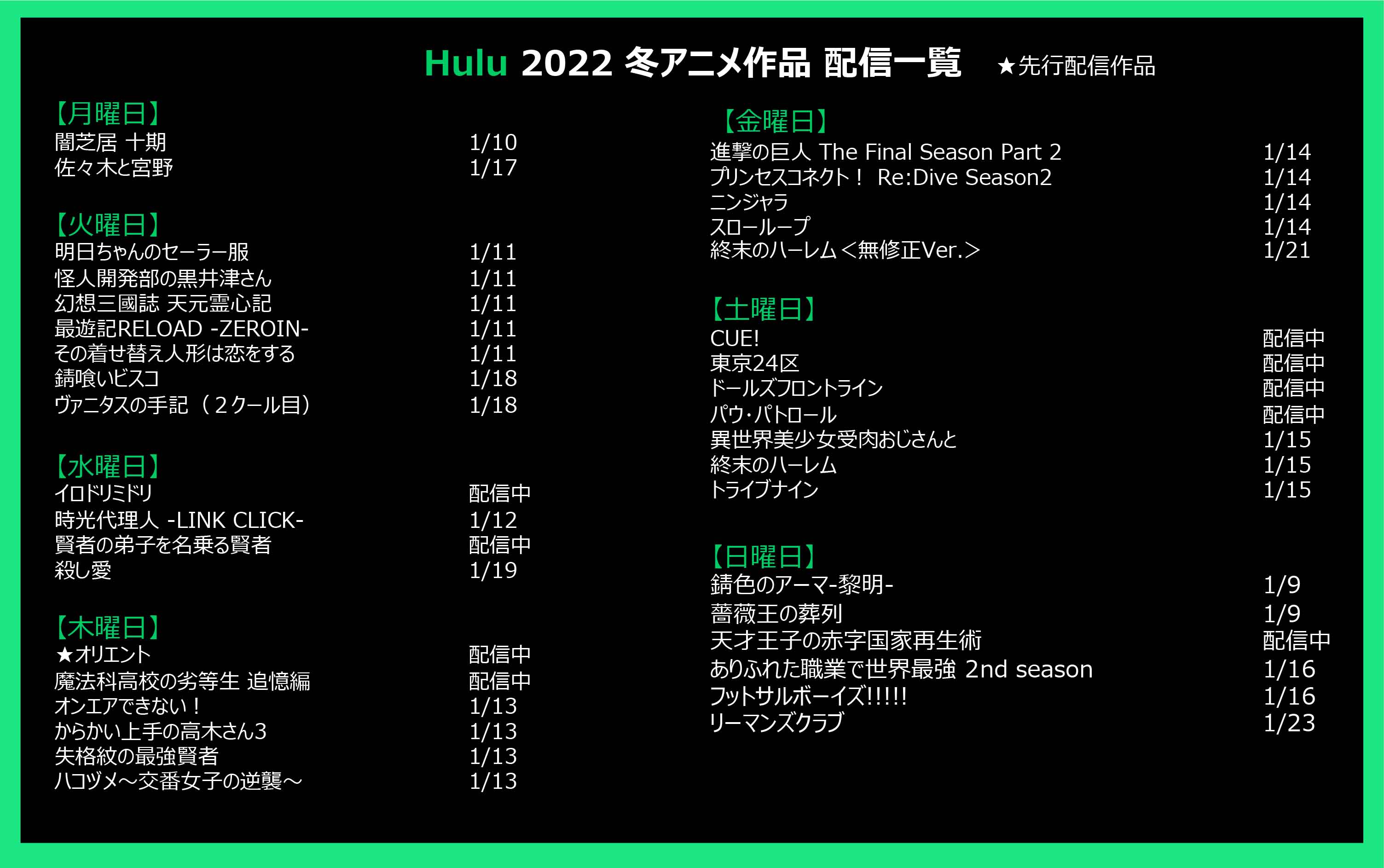 Hulu Japan 在 Twitter 22年 冬アニメ 配信一覧です オリエント ハコヅメ 終末のハーレム 進撃の巨人 最遊記reload 魔法科高校の劣等生 からかい上手の高木さん アニメの視聴はこちらから T Co Jam1wmvm4b Huluアニメ