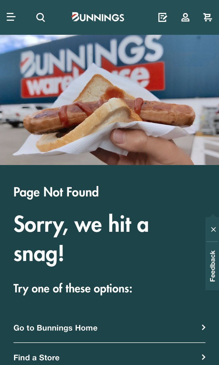Looking for something at <a href="/Bunnings/">Bunnings Warehouse</a> and I hit a #Snag ! Great #404page !

If only i could get this delivered! Maybe I’ll try #ClickAndCollect next time.