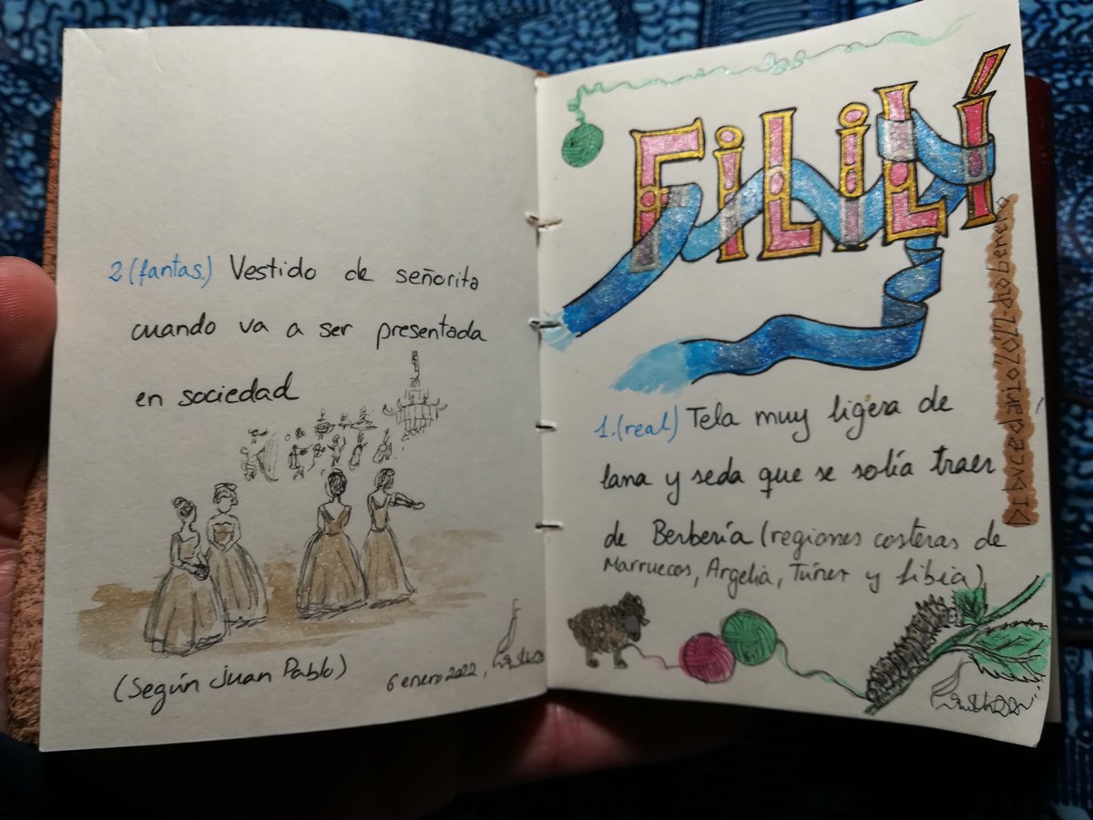 Rmtchico's tweet photo. Día 6, letra F, #Fililí
(1 acepción, real) Tela muy ligera de lana y seda que se solía traer de Berbería.
(2 acepc., fantástica y sugerida por Juan) Vestido de señorita cuando va a ser presentada en sociedad🤭
#dibucedario2022 #6Enero #letraF https://t.co/BaijI1wlph