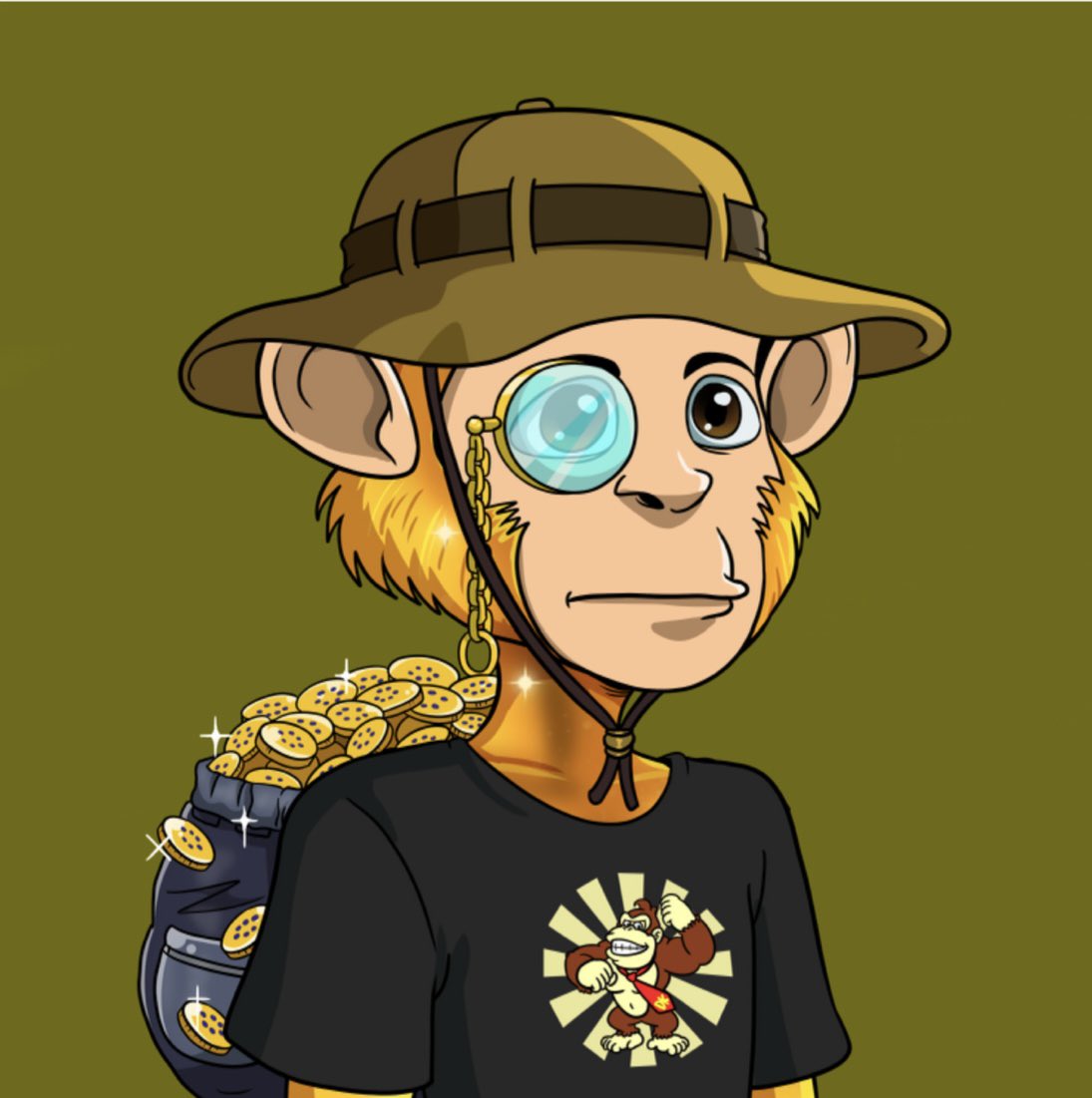 dom_dcxiv's tweet image. Golden Guy might have to take the #1 seat 🔥🔥🔥 From the Cardano backpack (my favorite), Gold skin, Super badass Donkey Kong tee, with a Rainforest hat &amp;amp; Monocle. I Think he on the hunt for more Cardano @AdaApeClub #adaapegang #adaapeclub