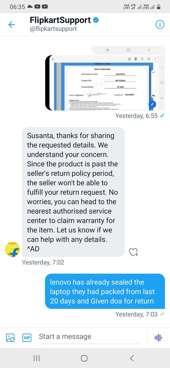 pande_susanta's tweet photo. Hi @Lenovo_in you can see the screen shot how @flipkartsupport @Flipkart refused my request as warranty period is there so onyl you provide the DOA certificate.  After the doa certificate what is the issue i don't know @Flipkart is ignoring . Harassing lot from past 1 yr to still https://t.co/5JC9WMILqm