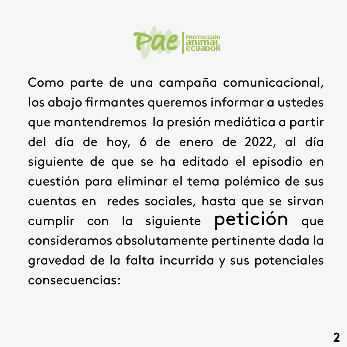 PAEecuador's tweet photo. 🔴 La petición que hacemos a @teleamazonasec y @masterchefecu es simple. Editar el episodio no sirve de nada si no hay reparación del daño #TeleamazonasDisculpate #MasterTrafico
@WCSEcuador @VivariumQuito @BioparqueAmaru @QuitoSinMineria @XREcuador @DDHH_Alianza @Zoo_Quito https://t.co/LqQFOmByT6