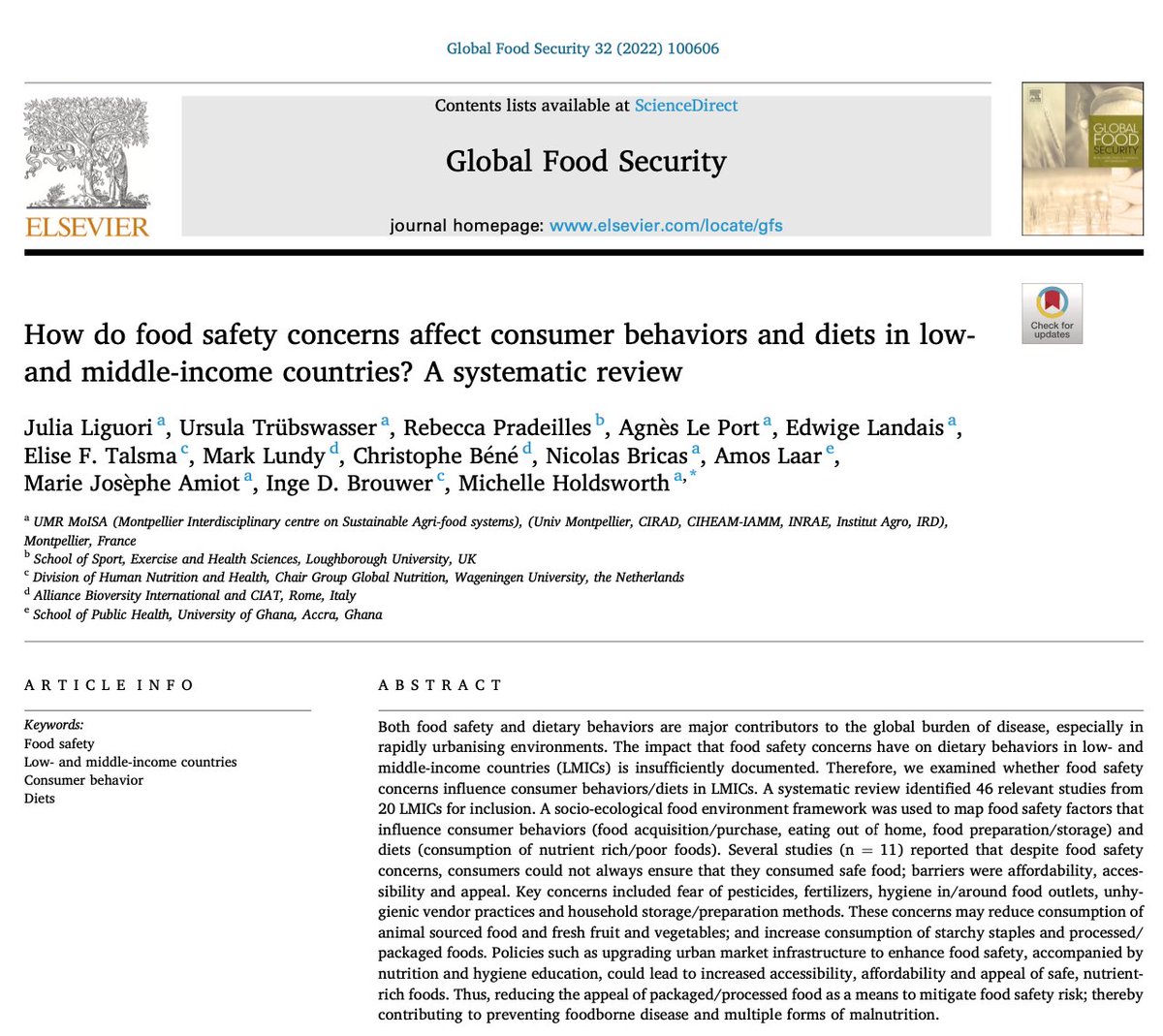 In #LMICs, #foodsafety concerns drive #foodchoices. These concerns may play a role in decisions to consume #processed/#packaged foods & #starches/#staples. A new review by @UrsulaTruebs @markincolombia & #DFCgrantees @alaar @ProfMHoldsworth explored: sciencedirect.com/science/articl…