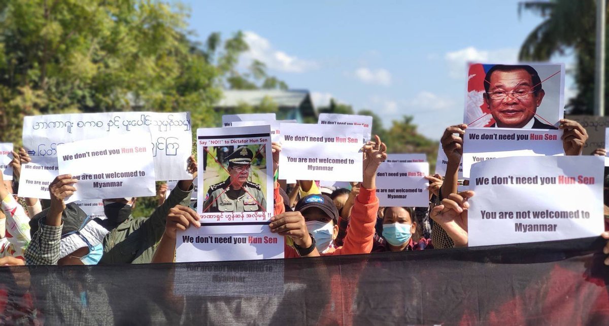 RadioFreeAsia's tweet photo. Protests broke out across Myanmar over the upcoming visit of Cambodian Prime Minister Hun Sen to the country - an action many see as a tacit recognition of the country’s ruling military, which seized power in a Feb. 1 coup.

Photos: Citizen journalists https://t.co/9j24WyRCZZ