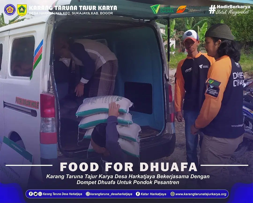 Program Food For Dhuafa 🤝🙏
Karang Taruna Tajur Karya Desa Harkatjaya bekerjasama dengan Dompet Dhuafa untuk menyalurkan bahan makanan pokok untuk Pondok Pesantren.
