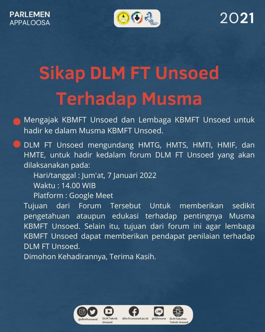dlmftunsoed's tweet photo. Unsoed dapat memberikan pendapat penilaian terhadap DLM FT Unsoed. 

Dimohon kehadirannya, terima kasih. 

___________________
DLM FT Unsoed 2021
#ParlemenAppaloosa https://t.co/dCWUz7CyXe