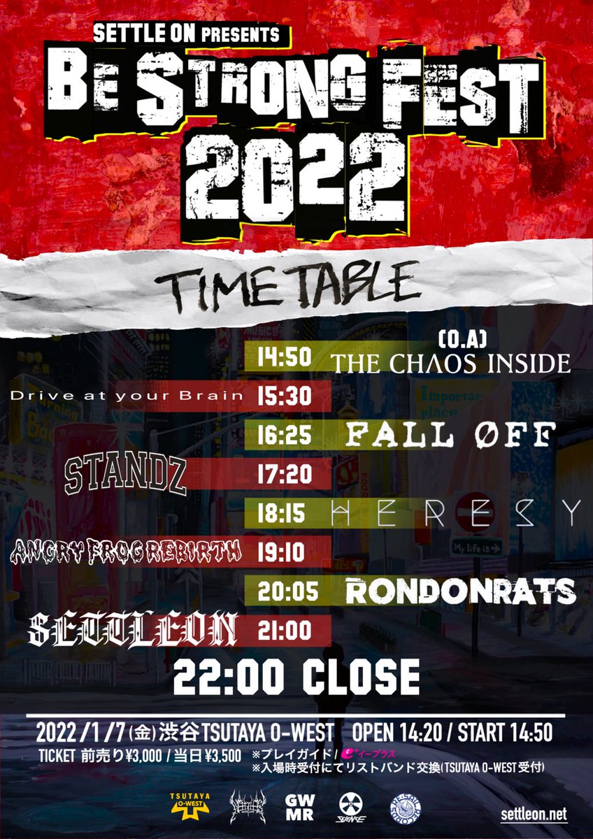 AFR_official's tweet photo. 🔥本日開催🔥
2022年1月7日(金)
@渋谷TSUTAYA O-WEST 
SETTLE ON pre.
“BE STRONG FEST 2022”

㊗️ソールドアウト㊗️

-ACT-
ANGRY FROG REBIRTH
Drive at your Brain
FALL OFF
Heresy
RONDONRATS
SETTLE ON
STANDZ
(O.A.)THE CHAOS INSIDE https://t.co/pYZN1kEuQg