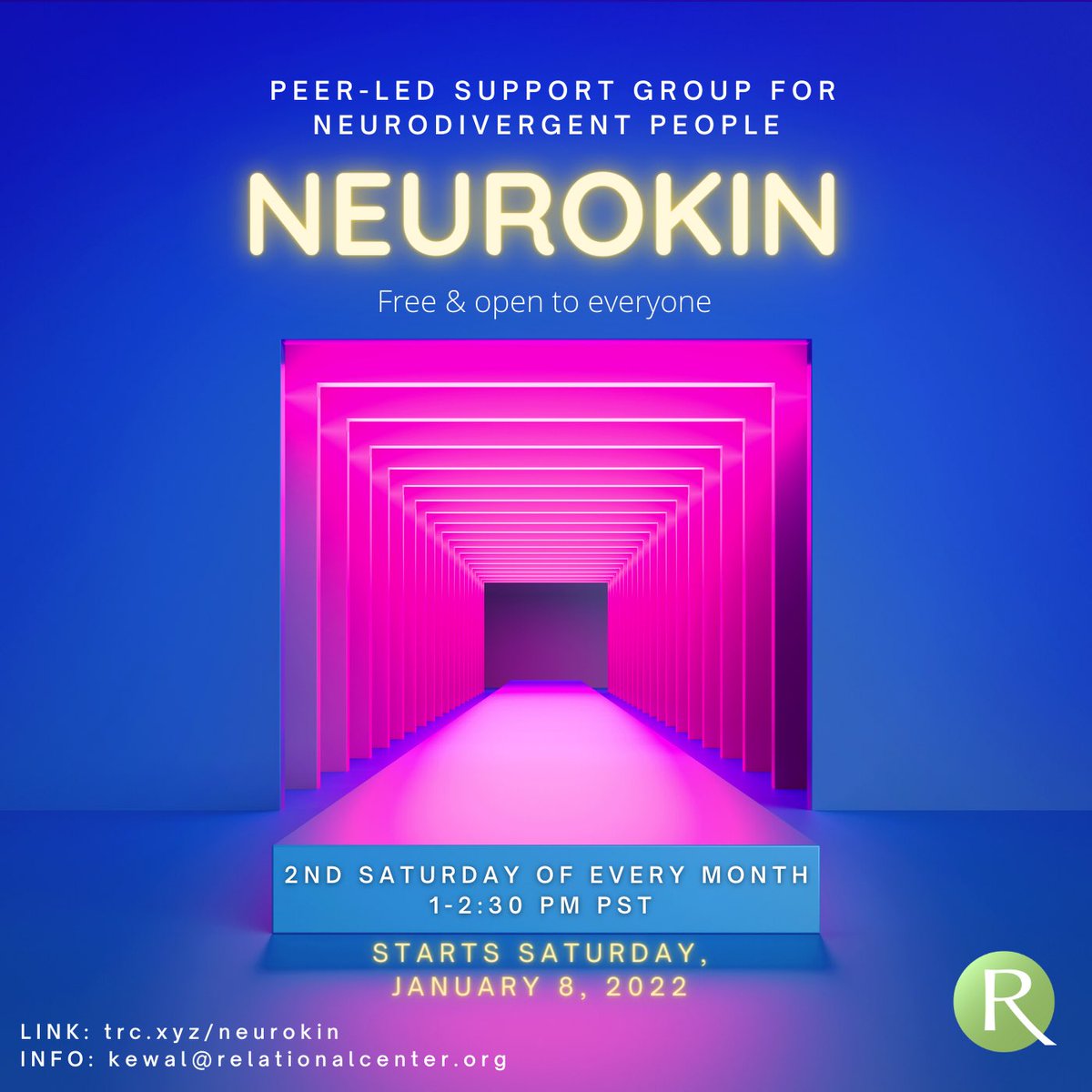 Neurokin starts Saturday 1/8: 
FREE drop-in, monthly peer support group for neurodivergent people – diagnosed or self-diagnosed. Spend 90 minutes with community who experience the world through the ND prism. Captioning will be available. 
Link to Join: trc.xyz/neurokin