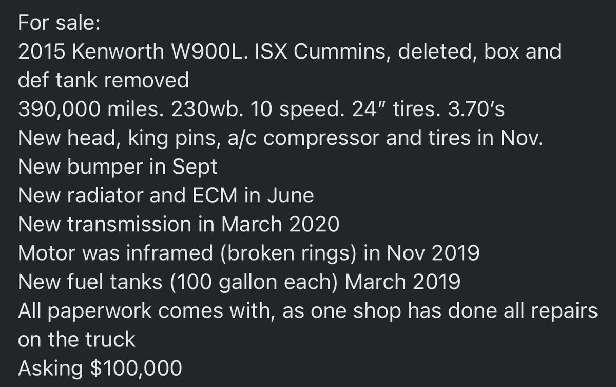 For sale 
2015 Kenworth W900L
Description and information in the pictures 
Retweet’s appreciated