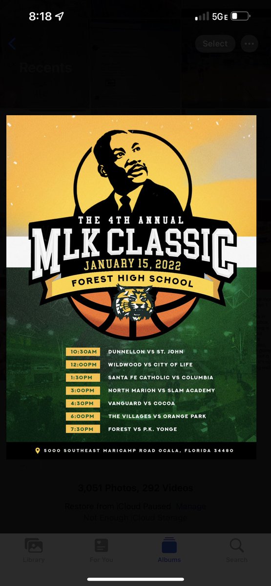 Come out, enjoy and support our 4th annual MLK classic!! We have a GREAT lineup of games throughout the day. Only $10 at the door to enjoy competitive action all day long. <a href="/352Bball/">MarionHoops</a> <a href="/OfficiallyCave/">Ocala Impact Bball Club</a> <a href="/OcalaGazette/">OcalaGazette</a> <a href="/OcalaPreps/">Ocala Preps</a>