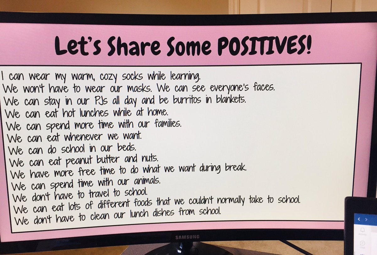 Angle_Bellmoore's tweet photo. Remote learning is hard. We want to feel safe learning at school. We shared our feelings about remote learning &amp; one friend unmuted to remind us of the all the good. We changed plans &amp; made a list of positives about remote learning. So proud of our @Bellmoore_HWDSB students!❤️ https://t.co/8dAcNX3lFl