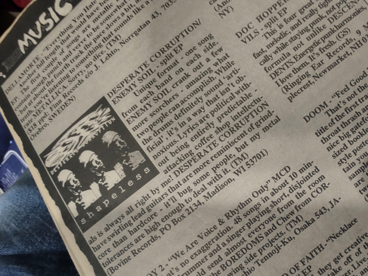 enemysoilgrind's tweet photo. Mason dug up a couple old @maxrnr issues and found some Enemy Soil reviews. One was the "War Parade" 7" and one was the split 7" with Desperate Corruption (we loved that band).
Ah, memories!
#maximumrocknroll #enemysoil #grindcore #slapaham https://t.co/OgV4pSSwu5