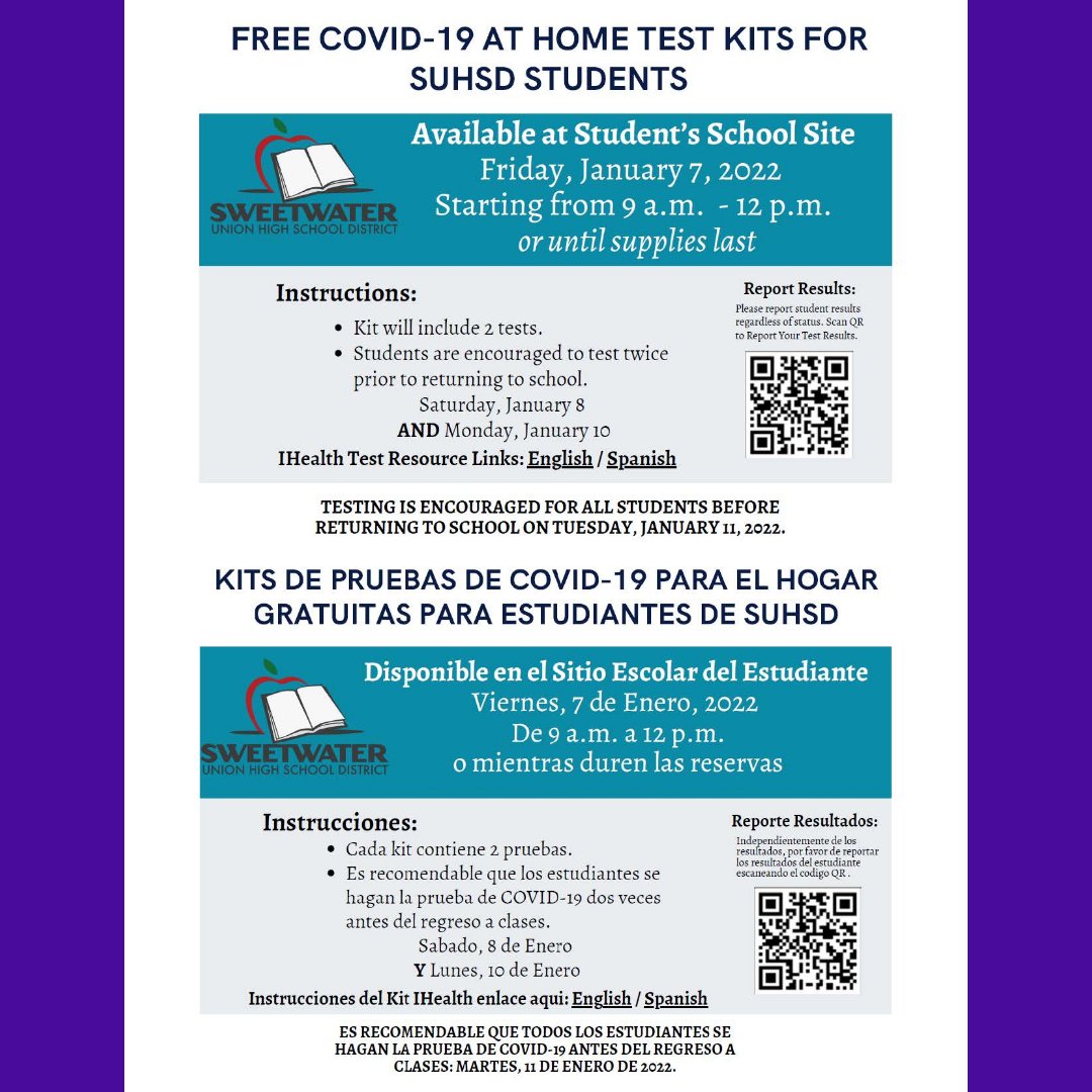 Tritons, come tomorrow between 9am-12pm to get your test kit before returning to school. We strongly encourage you to test. Distribution will occur while supplies last. Check your Jupiter Grades or Campus Portal for information.