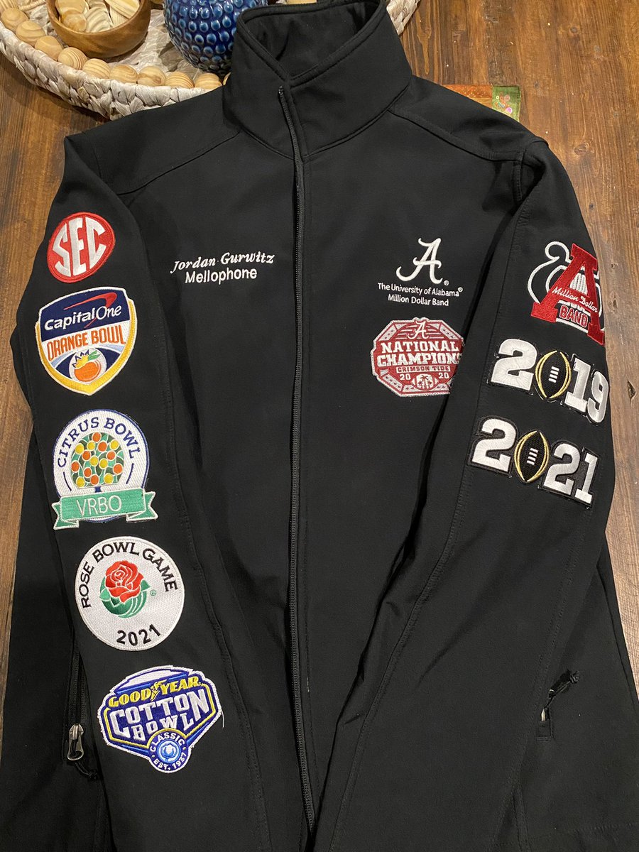 RachelGurwitz's tweet photo. New patch arrived too late to be sewn on before the natty. My God I love this jacket!!! @AlabamaFTBL @UA_Athletics @AlabamaBands @UofAlabama https://t.co/u8Uvu264Sx