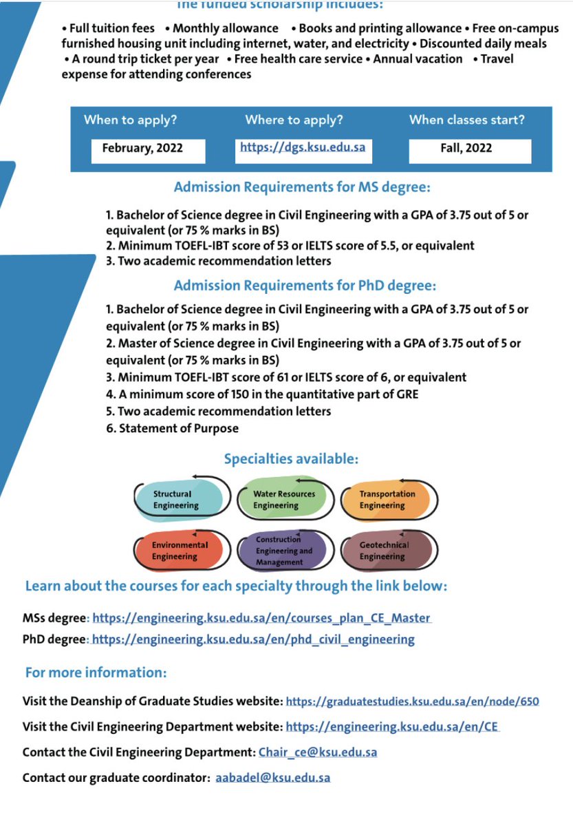 Fully Funded Scholarships for #MSc and #PhD degrees in Civil Engineering at King Saud University (KSU), Riyadh, Saudi Arabia 

#msc #phd #civilengineering #trafficSafety #transportation #AI #machinelearning #railwayengineering #highwaydesign #pavementmaintenance