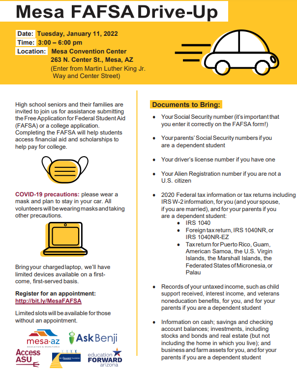 QCHS_CCC's tweet photo. It's time to #FAFSA! We got you covered. Mesa Drive up event-1/11 3-6pm Make an appt, drive up and get help!
Thanks to @BenjiFafsa @EdForwardAZ @BeALeaderFound @AccessASU
#QCLeads #Fundyourpath
https://t.co/3U5Sbj3l7D https://t.co/0viwmuJHlX