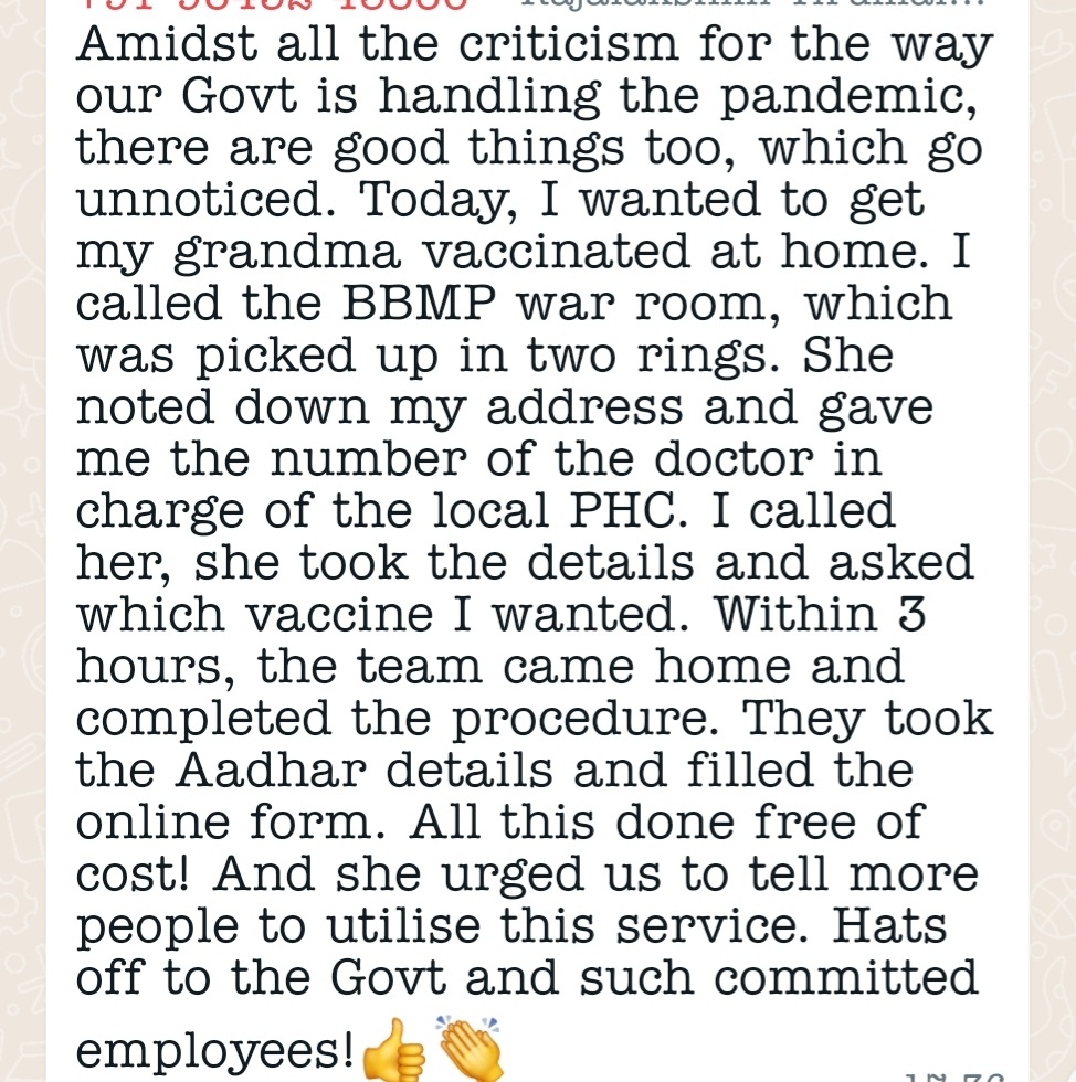 This is one of our colleagues writing. Their own experience.
Let's amplify this, that people get benefitted !!
Great work, @BBMPSplHealth

@DrDeepakKrishn1
@serioustaurean
@Prasannasimha
@surnell
#COVID19 #IndiaFightsCorona #vaccine #Booster #Bengaluru #KarnatakaFightsCorona