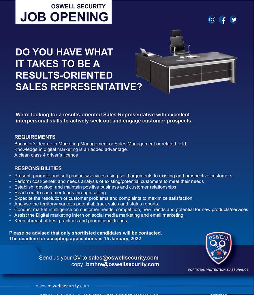 Oswell_Security's tweet photo. We're looking for a SALES REPRESENTATIVE to join our team.

#zimbabwe #energy #solarenergy #solar #security #roboguard #guards #surveillance #riskmanagement #oswellsecurity #defense #solarinstallation #inverter #solarpanel #cctv #alarms #jobvacancy #2022newyear #digitalmarketing https://t.co/mrtguCyDhu