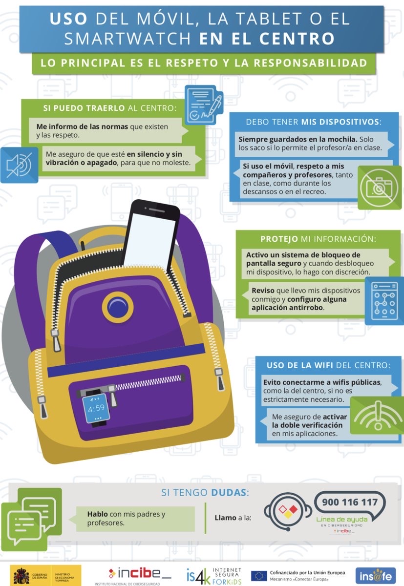 Si a tu hijo o hija le han traído los Reyes su primer 📱 móvil, tablet 💻o reloj de pulsera ⌚️  y quiere llevarlo al cole o insti, 1º consultad si se permite y, si es así, que su uso sea respetuoso y responsable. Y que sigan estas recomendaciones 👇