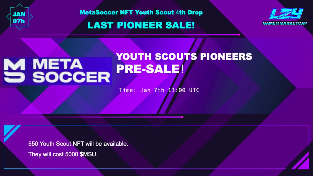 degame_l2y's tweet photo. ‼️‼️➡️NFT Youth Scout Fourth Drop
The 4th drop of 550 Youth Scout NFT will be available today.
👏👏the LAST pioneer sale! Don't miss it!👾👾
🔗Check more at: https://t.co/lcAqDH76hi
Telegram: https://t.co/UnBEAdlelE
Discord: https://t.co/PlW3TZ1Hk1
#L2Y #NFT
@MetaSoccer_EN https://t.co/ok1zTieWUm